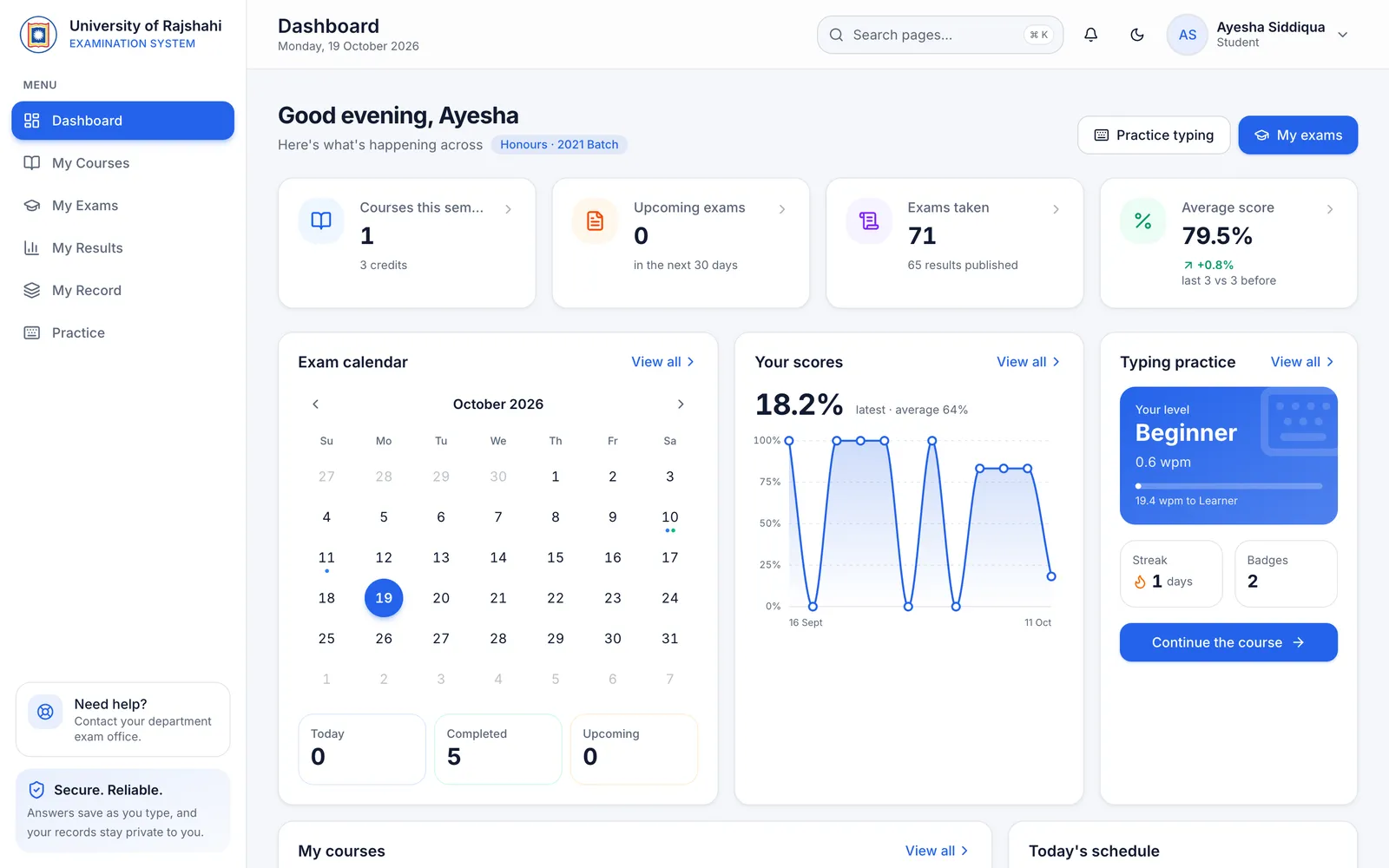 Student dashboard at the University of Rajshahi