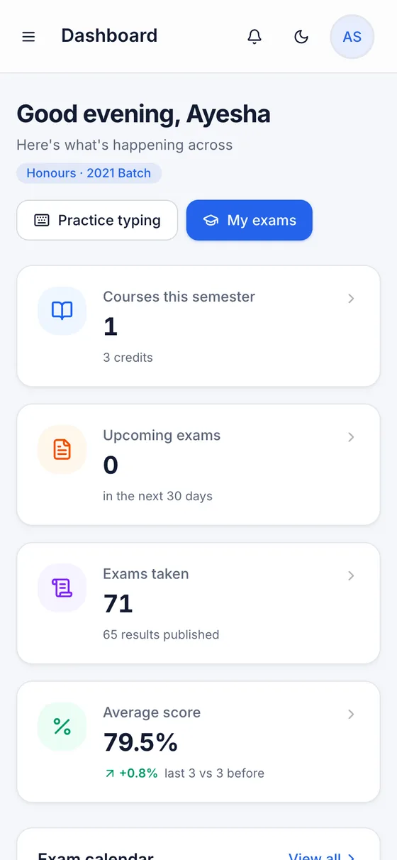 Scholametrix e-Exam student dashboard on a phone