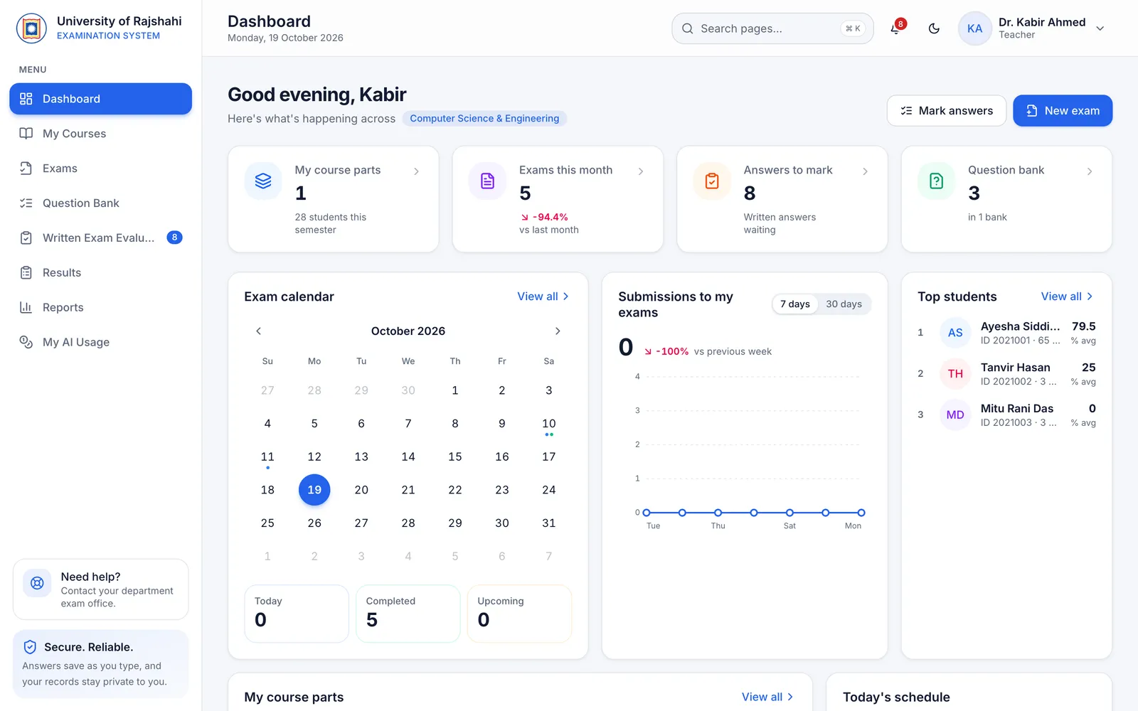 Teacher dashboard at the University of Rajshahi