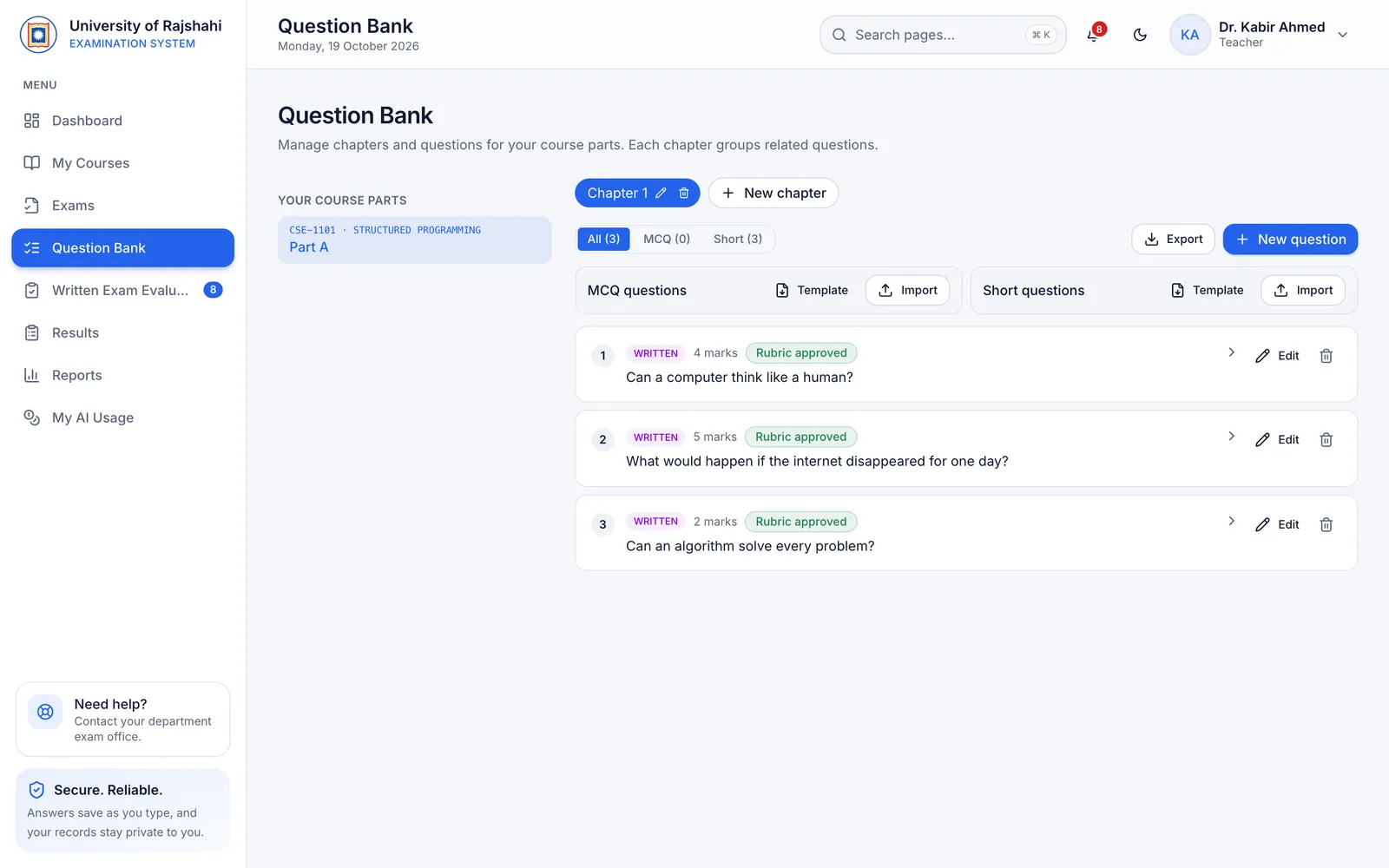 Question bank with written questions and approved rubrics in Scholametrix e-Exam